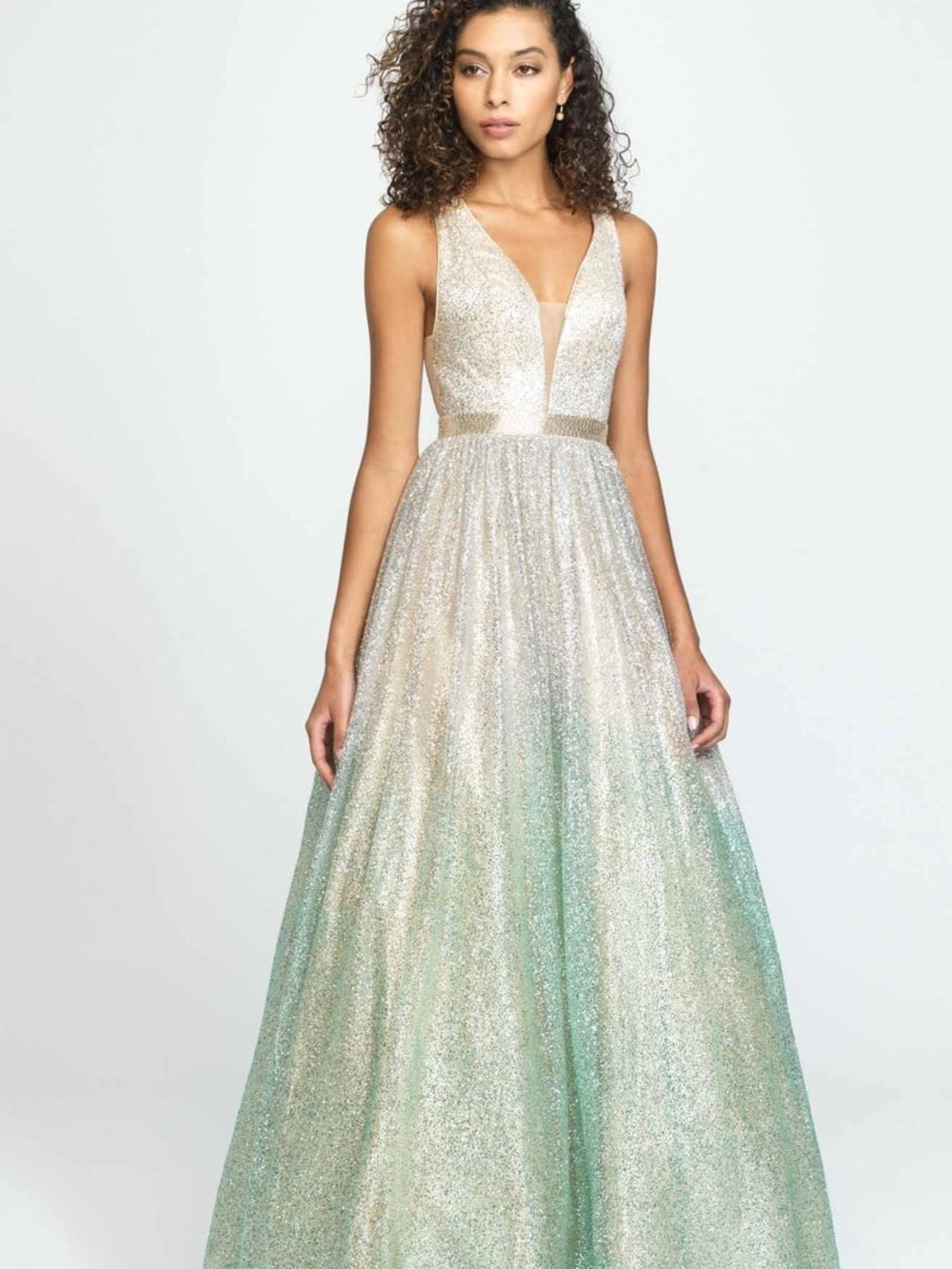 Glitter Ombre V-Neck Prom Dress in Gold and Green